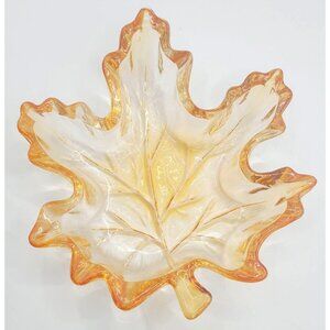Maple Leaf Shaped Glass Trinket Dish Amber Orange Autumn Fall Decorative Bowl